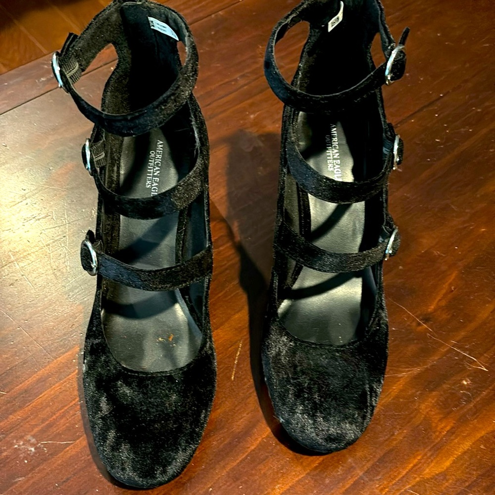 Women’s Black Velvet Heels with Three Straps Size 9 US Great for Halloween!